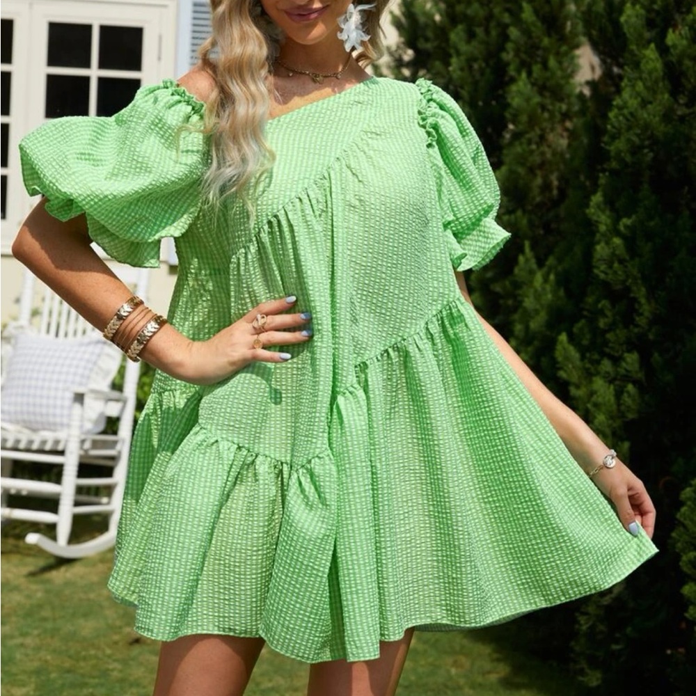 boutique green gingham mini dress